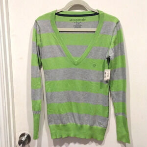 NWT Aeropostale Lime Green & Gray Stripe Pullover V-Neck Sweater Sz L -Teen/Kids